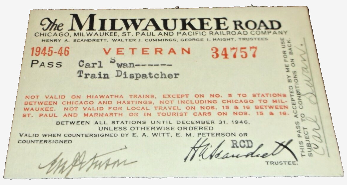 1945 1946 MILWAUKEE ROAD EMPLOYEE PASS #34757