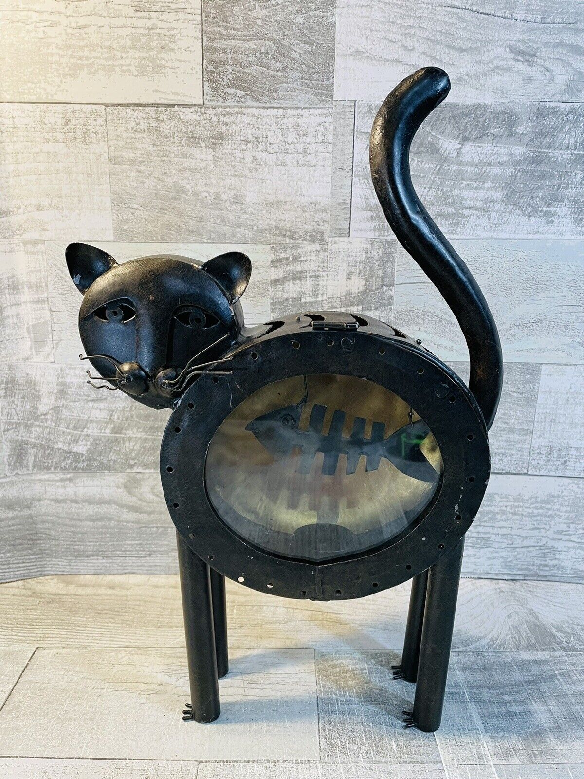 Rustic Folk Art Welded Large Metal Cat Candle Holder Fish Inside Halloween 16.5”