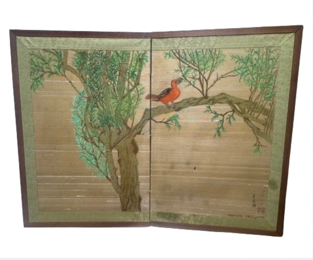 Vintage Japanese Byobu Silk Table Screen 2 Folding Panels Hand Painted SIGNED