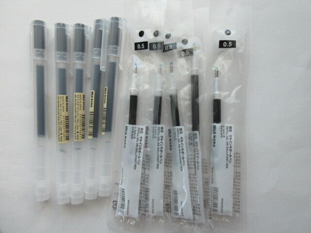 MUJI Cap Type Ball Point Pen 0.5mm Black 5pcs & Refill 5pcs Made in Japan