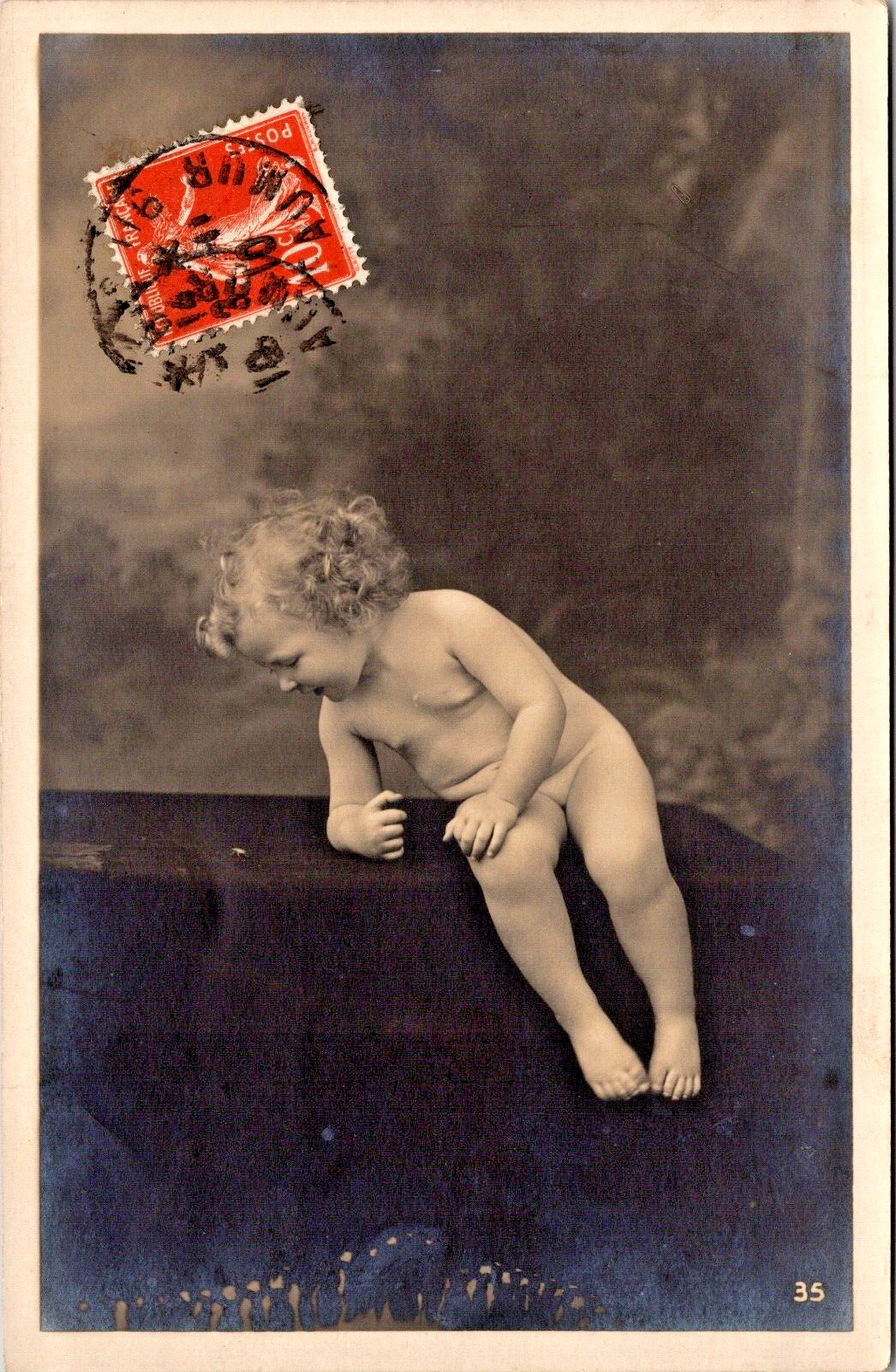 RPPC Smiling Baby Curley Hair Undressed  Studio Posed France WOB 1910 (N-283)