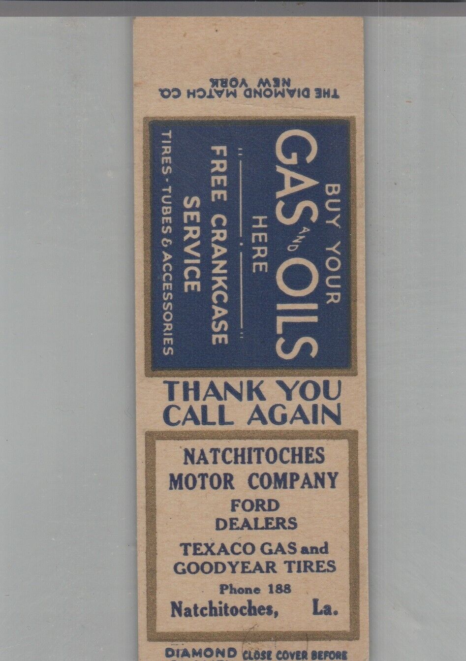 1930s Matchbook Cover Diamond Quality Natchitoches LA Ford Dealer & Texaco Sampl