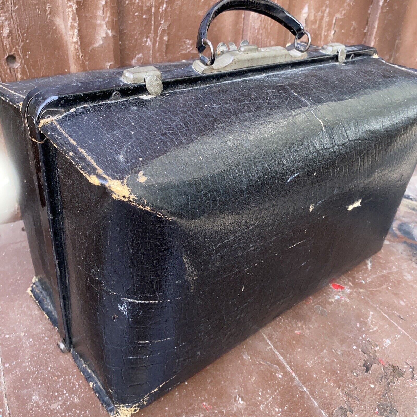 Vintage  Antique Medicine Doctors Carrying Bag Black Faux Leather Great Hardware