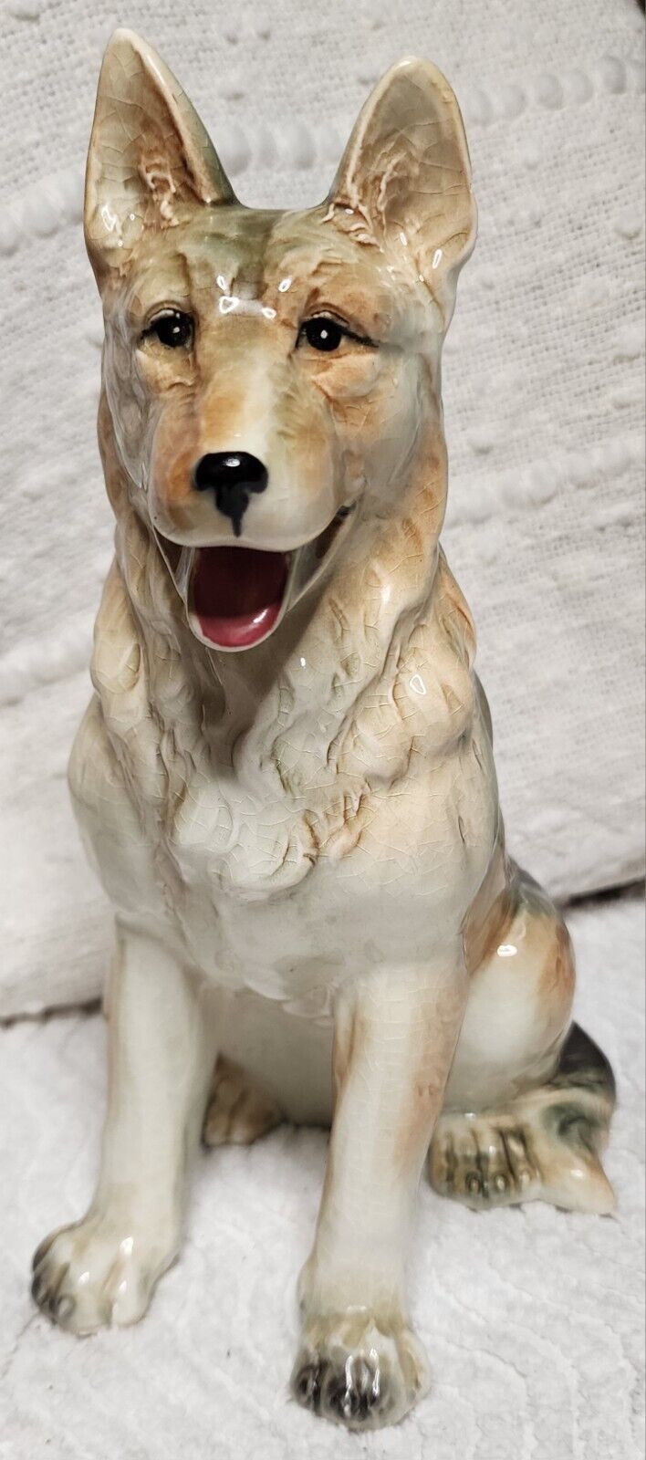 Gorgeous VINTAGE Porcelain GERMAN SHEPHERD Dog Figurine 10.5” One-Of-A-Kind RARE