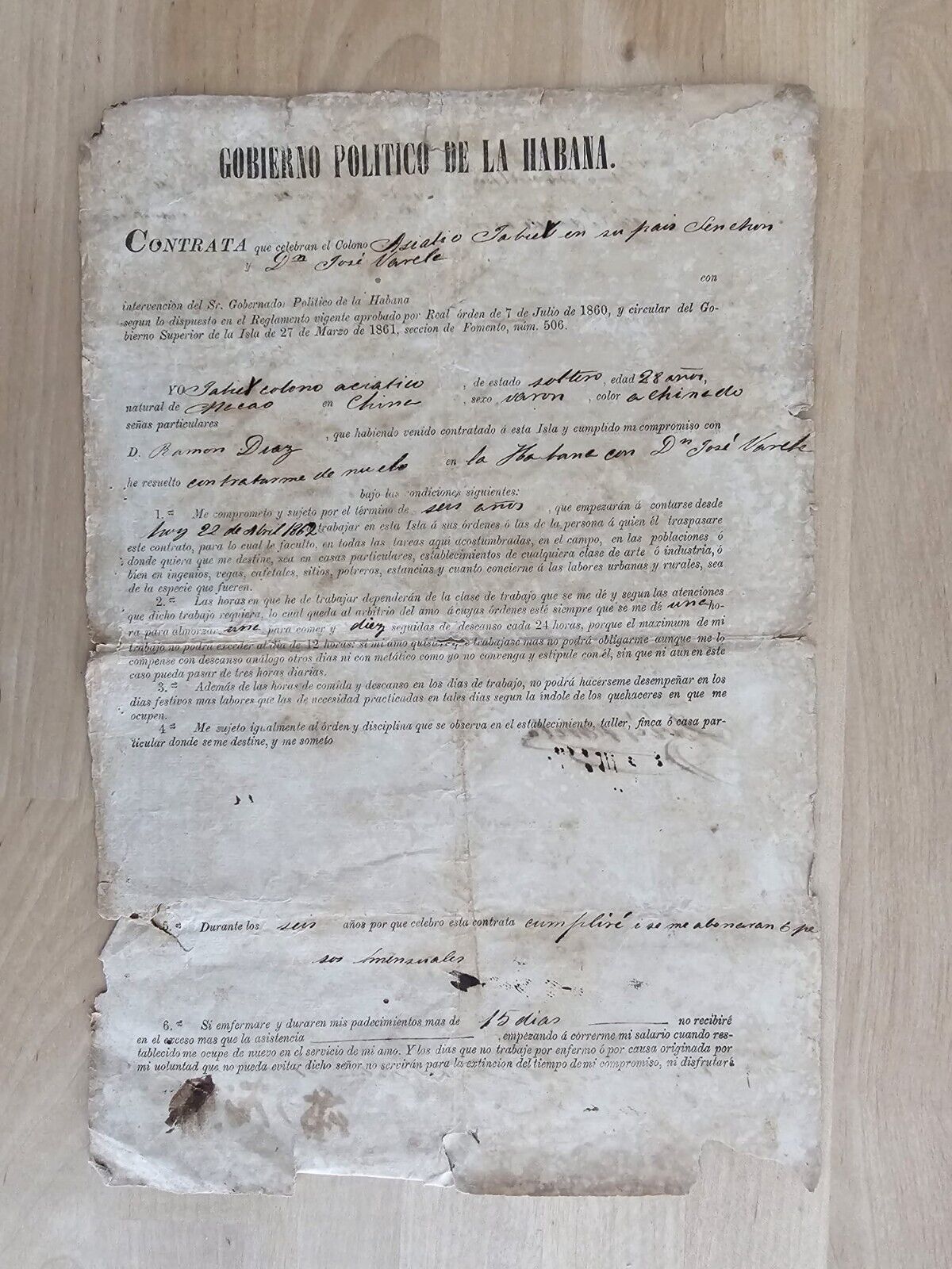 ANTIQUE 1862 CHINA CHINESE SLAVES HAVANA CUBA CONTRACT DOCUMENT SIGNED