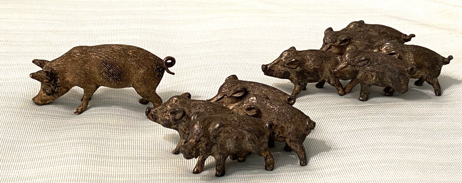 Unique Lot of Antique Vienna Bronze Cold Painted Mother Pig & Two Groups Piglets