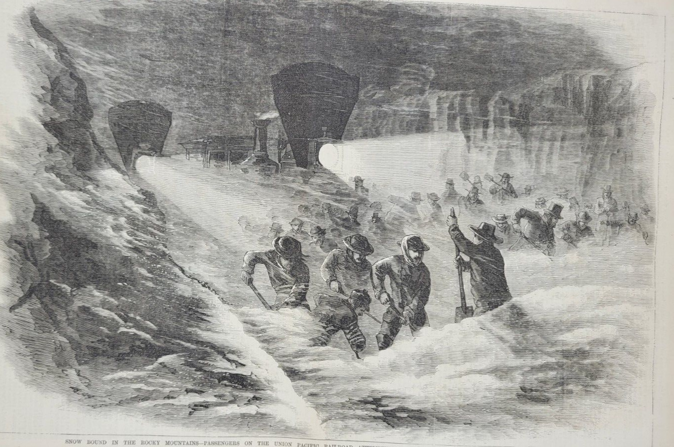 Frank Leslie\'s  4/17/1869 Union Pacific train snowbound in Rockies /Sea Island