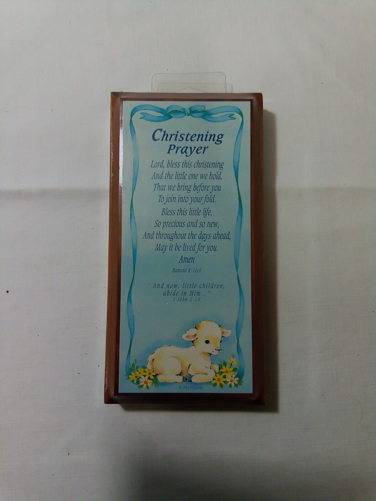 1992 Sealed Dicksons Christening Prayer Boy Lamb Wooden Stand or Wall