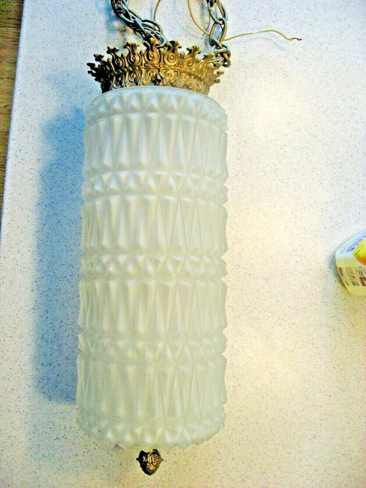 Vintage Large Frosted Ridged Glass with Decorative Design Hanging Light 