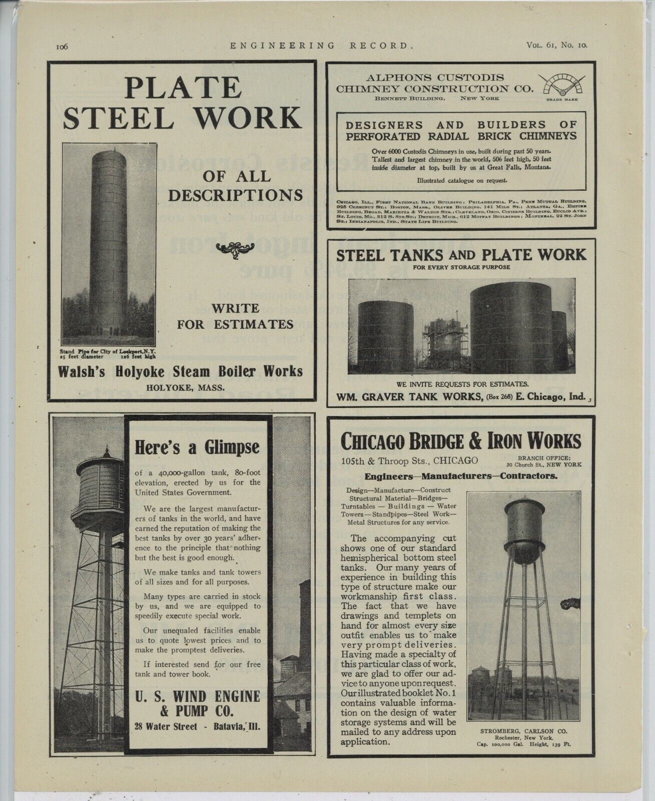 1910 Chicago Bridge & Iron Works Ad: Stromberg Carlson Water Tower, Rochester NY