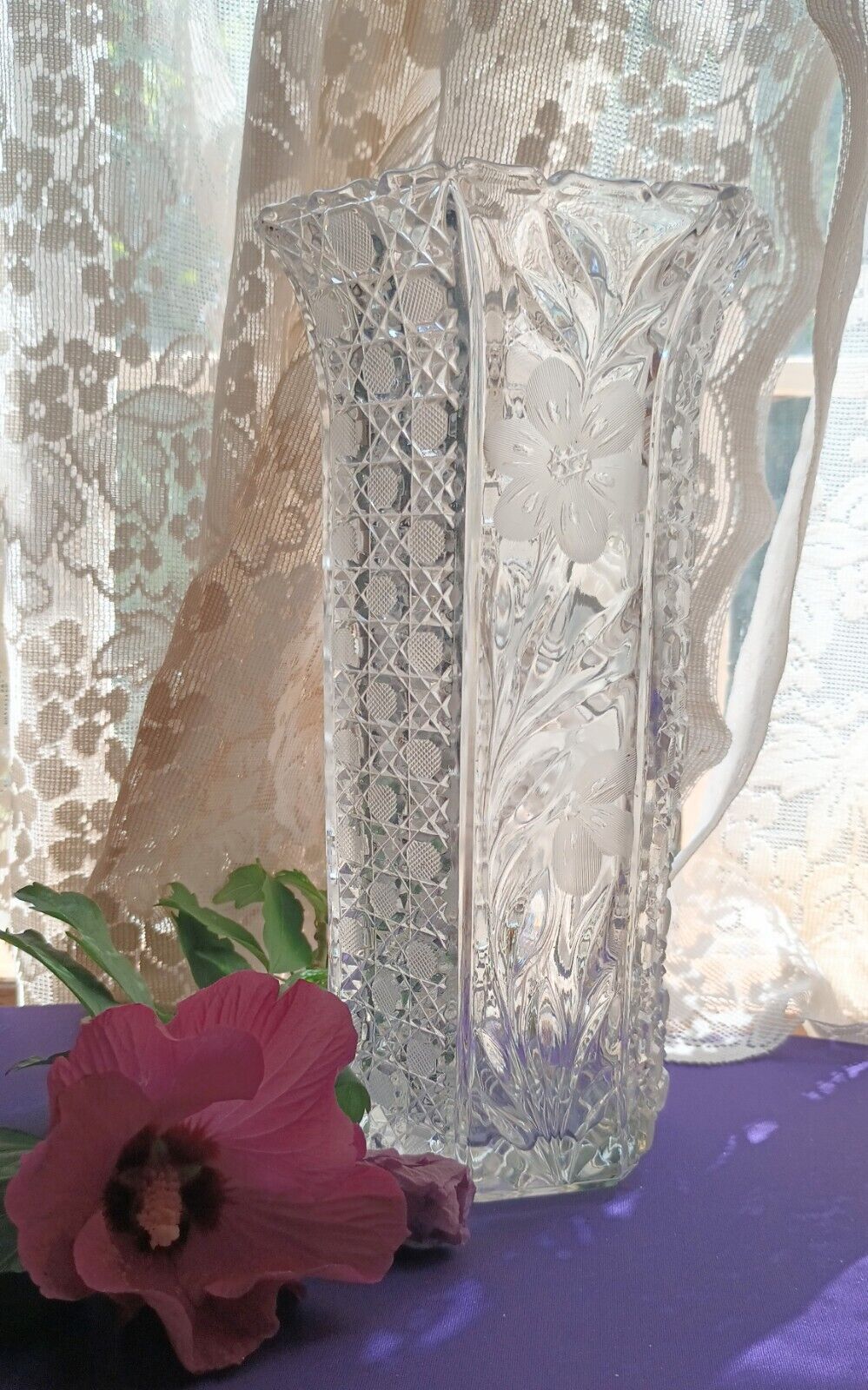 American Brilliant ABP Cut Glass Crystal Large Long Stem Roses 10 Inch Vase