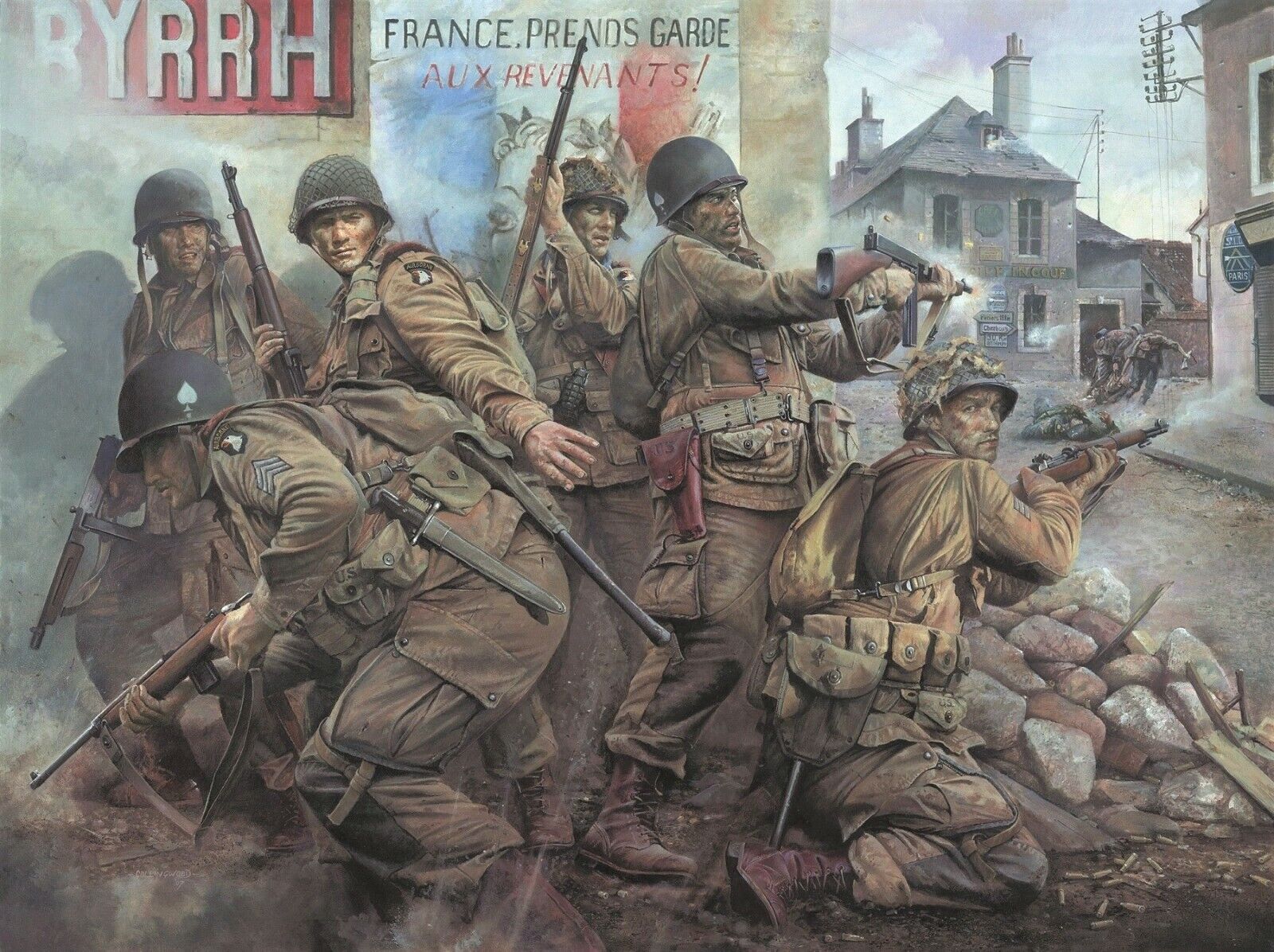 Easy Company - Carentan by Chris Collingwood signed by five Band of Brothers