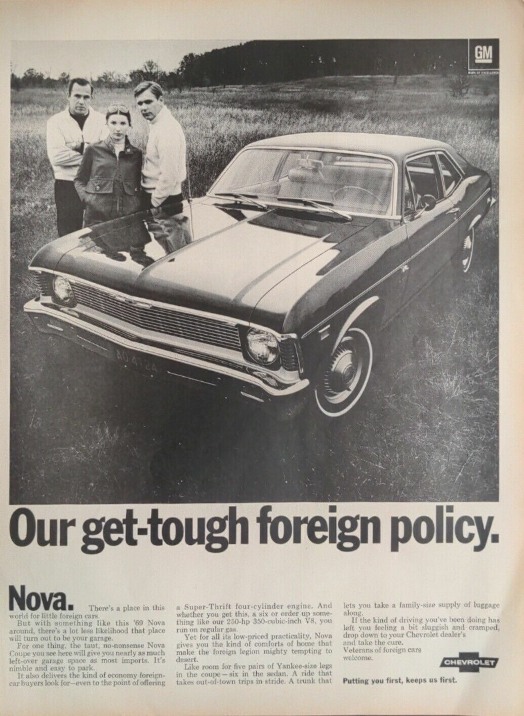 1969 Chevrolet Nova Coupe V-8 Two Men Woman Field Print Ad 97