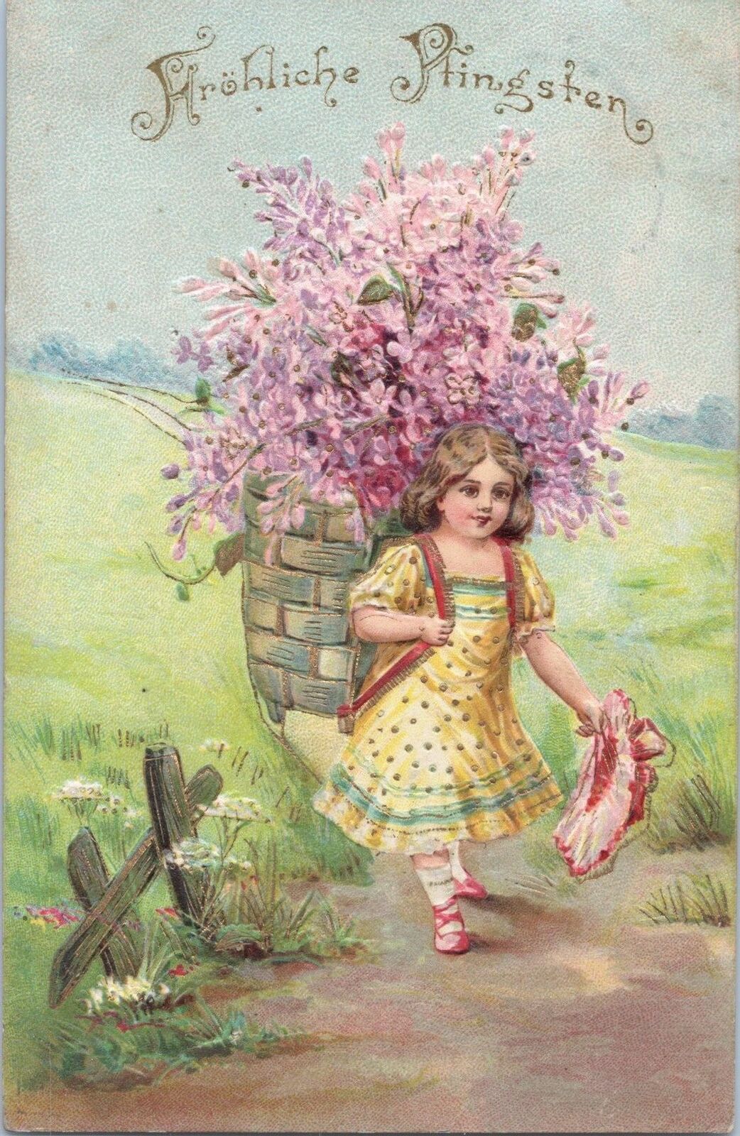 ZAYIX Happy Pentecost Frohliche Pfingsten Pretty Girl Flower Basket Embossed