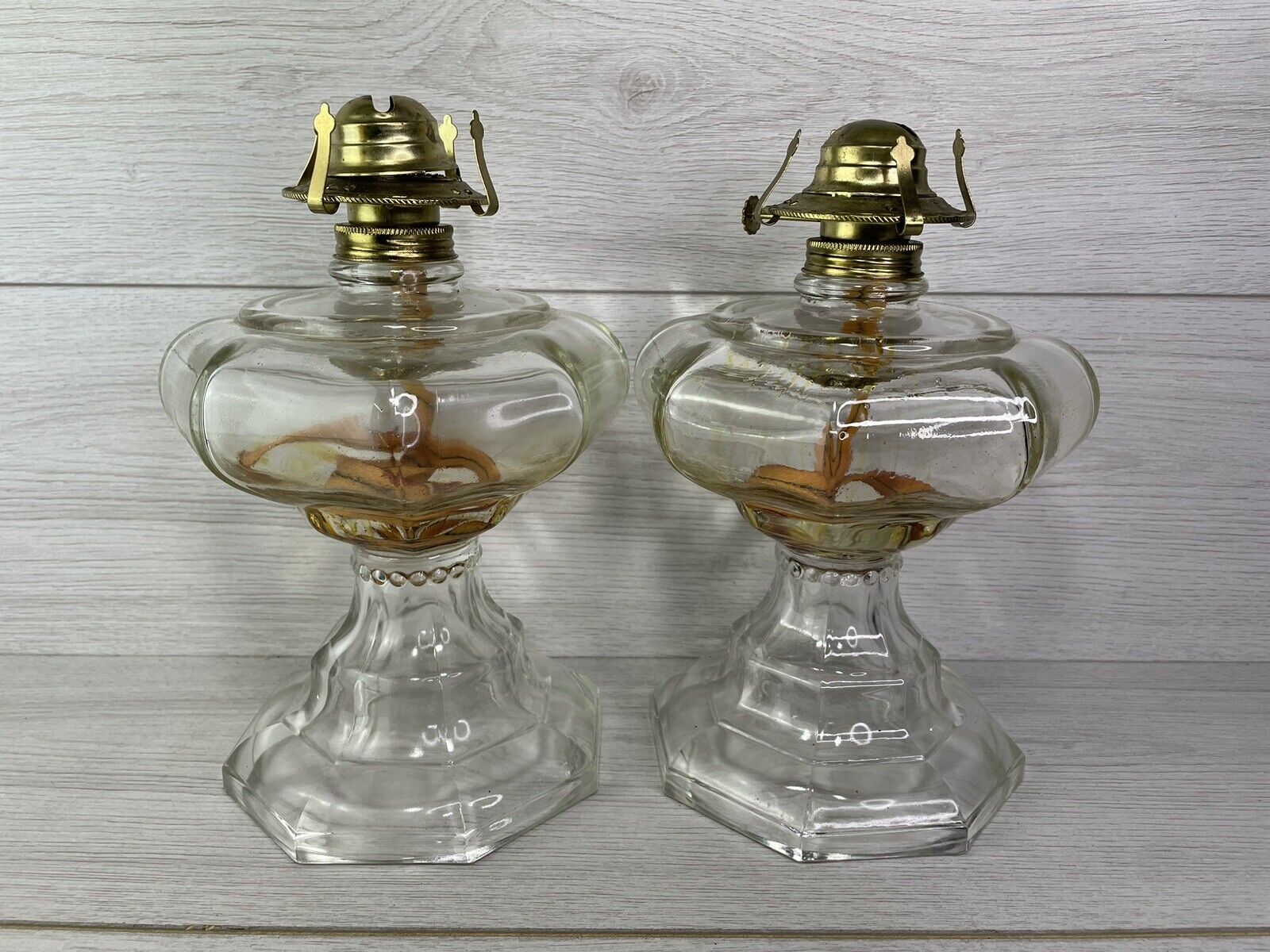 Pair Of Vintage Large Clear Glass Octagon Shape Oil Lamp