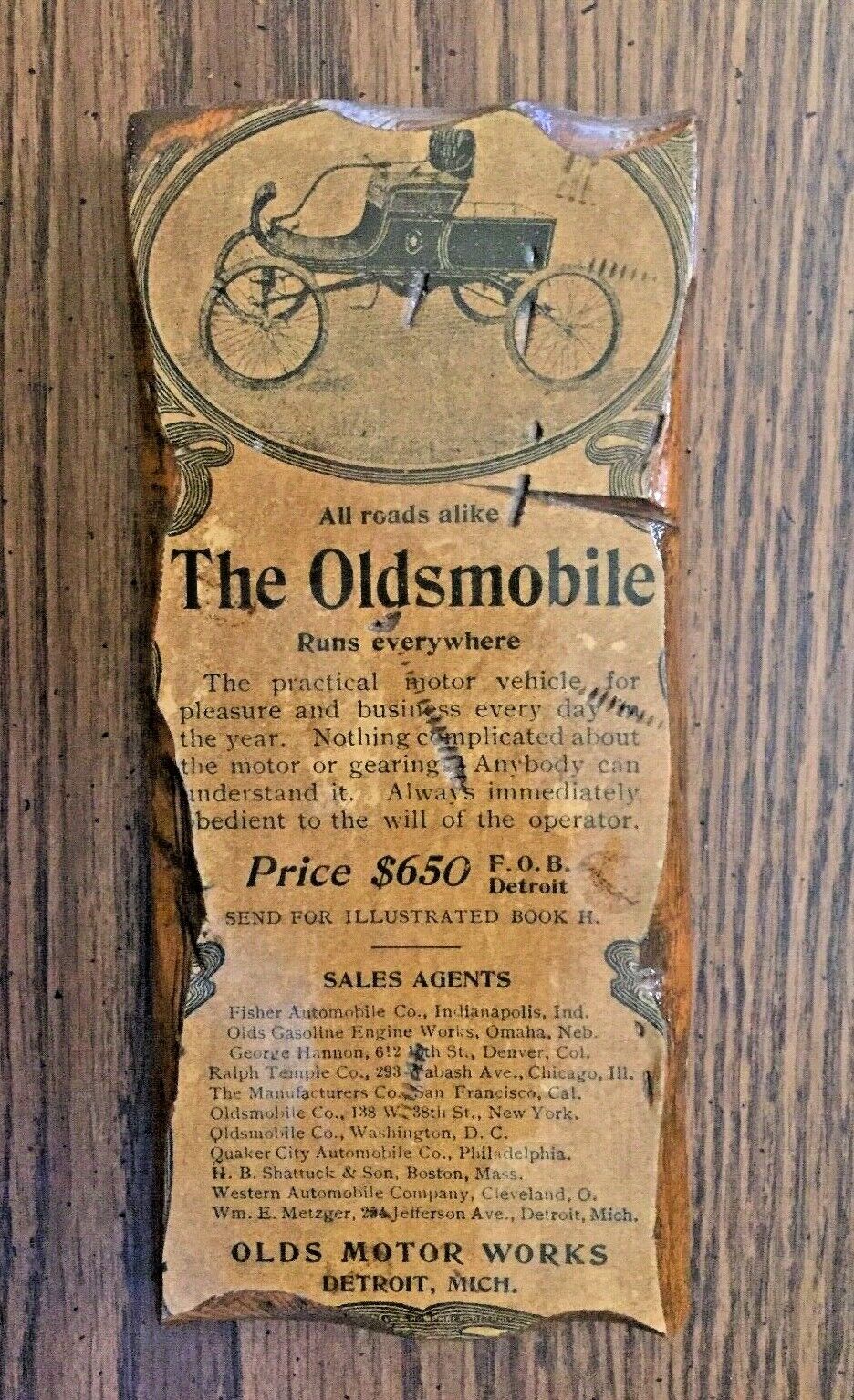 ANTIQUE PRINT AD 1902-04 OLDSMOBILE CURVED DASH OLDS MOTOR WORKS DETROIT PLAQUE