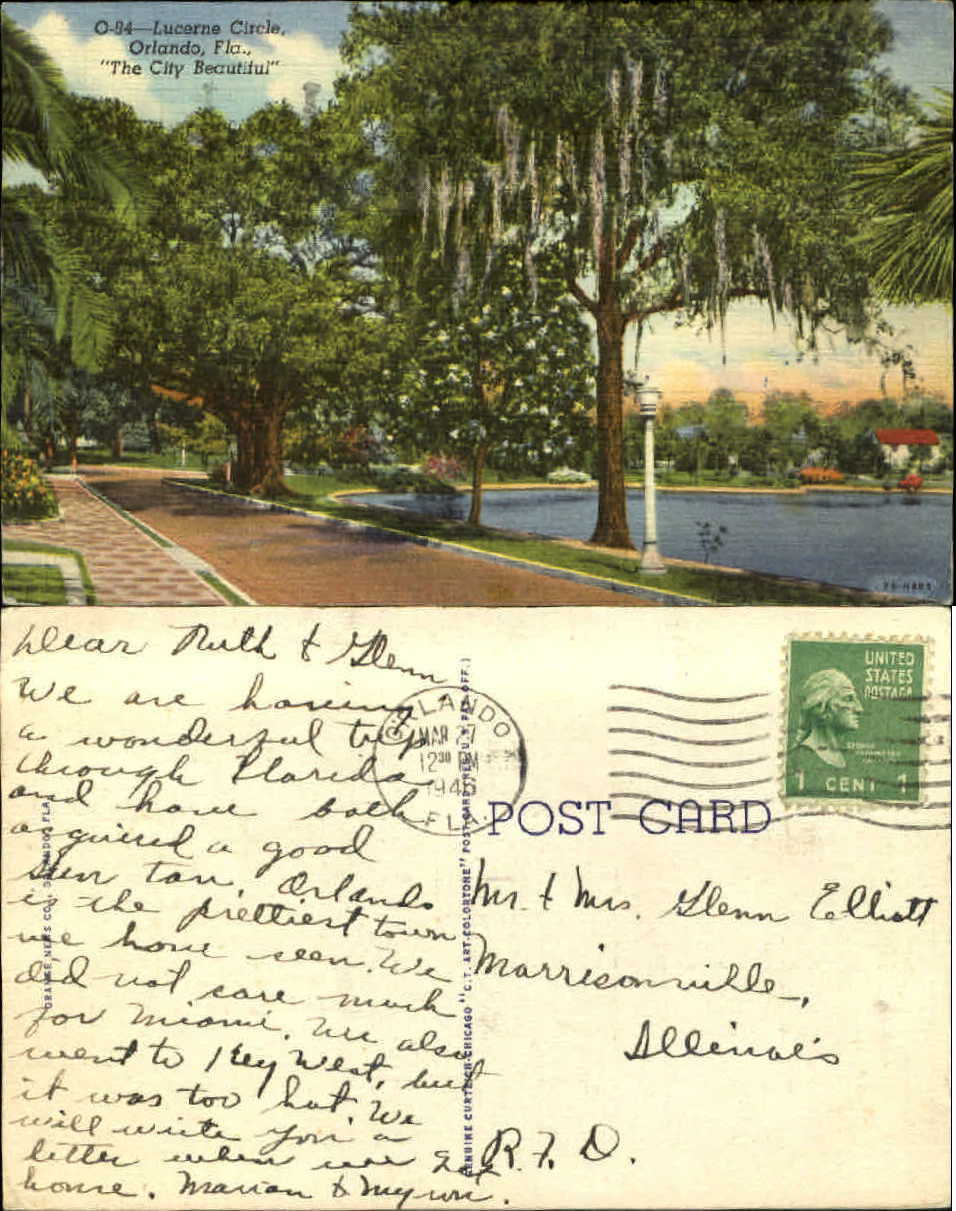 Lucerne Circle Orlando Florida FL lamp post spanish moss mailed 1946 vintage