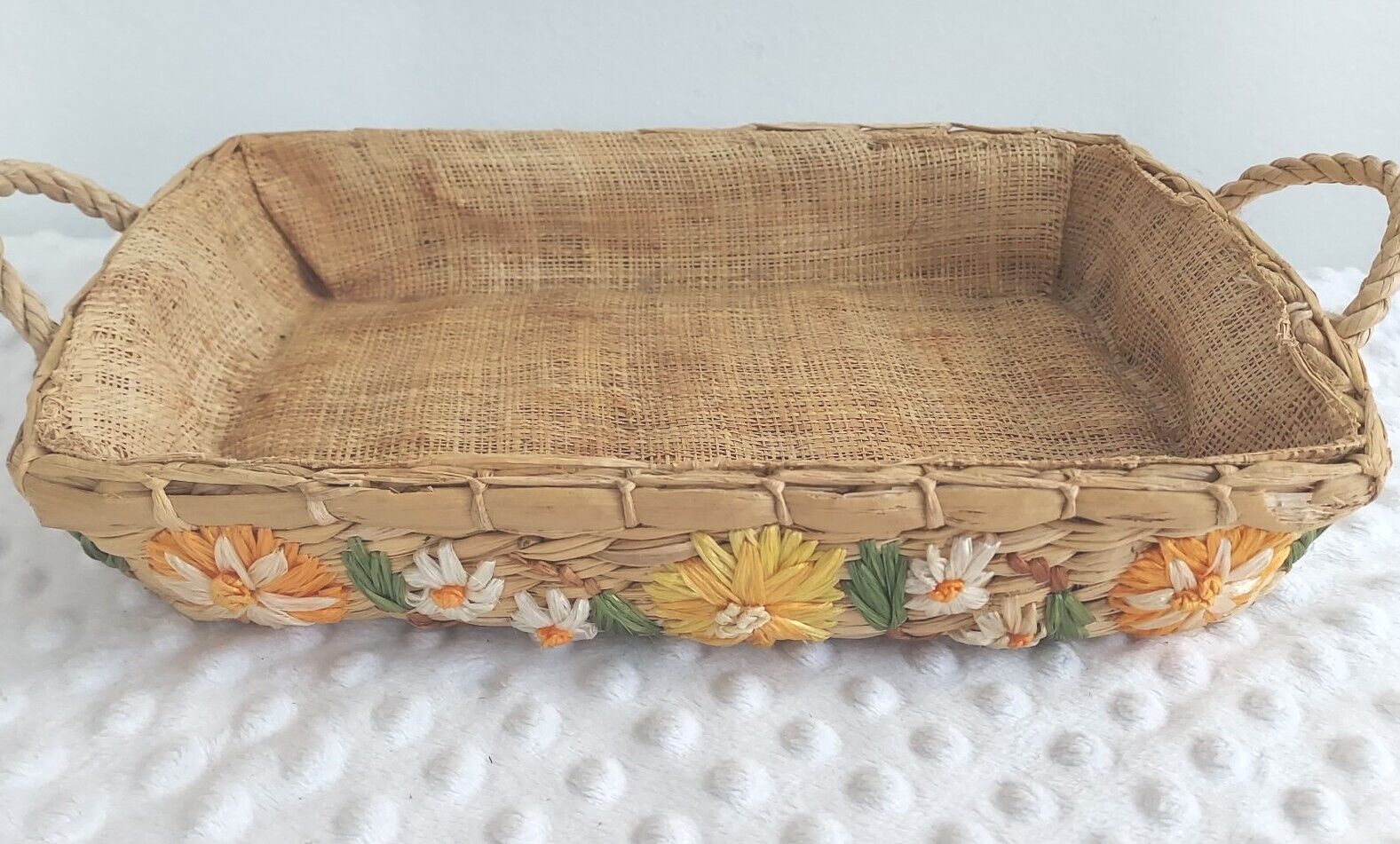 Vintage Floral Woven Basket Casserole Dish Holder Carrier  Handmade Philippines 