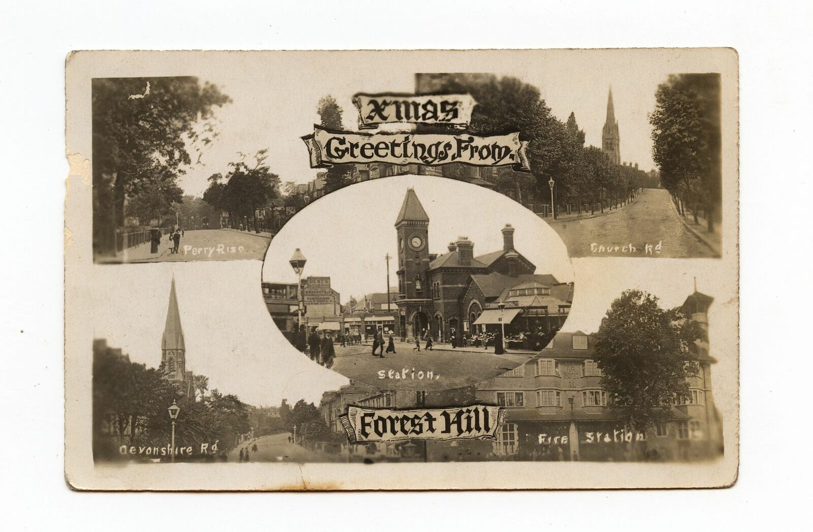XMAS GREETINGS FROM real photo postcard FOREST HILL ENGLAND c1920s rppc