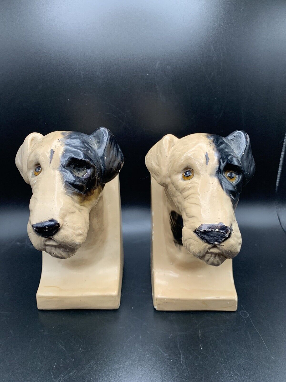 Vintage Terrier Chalkware Bookends Dog Glass Eyes Spot Tan & Black Lucky