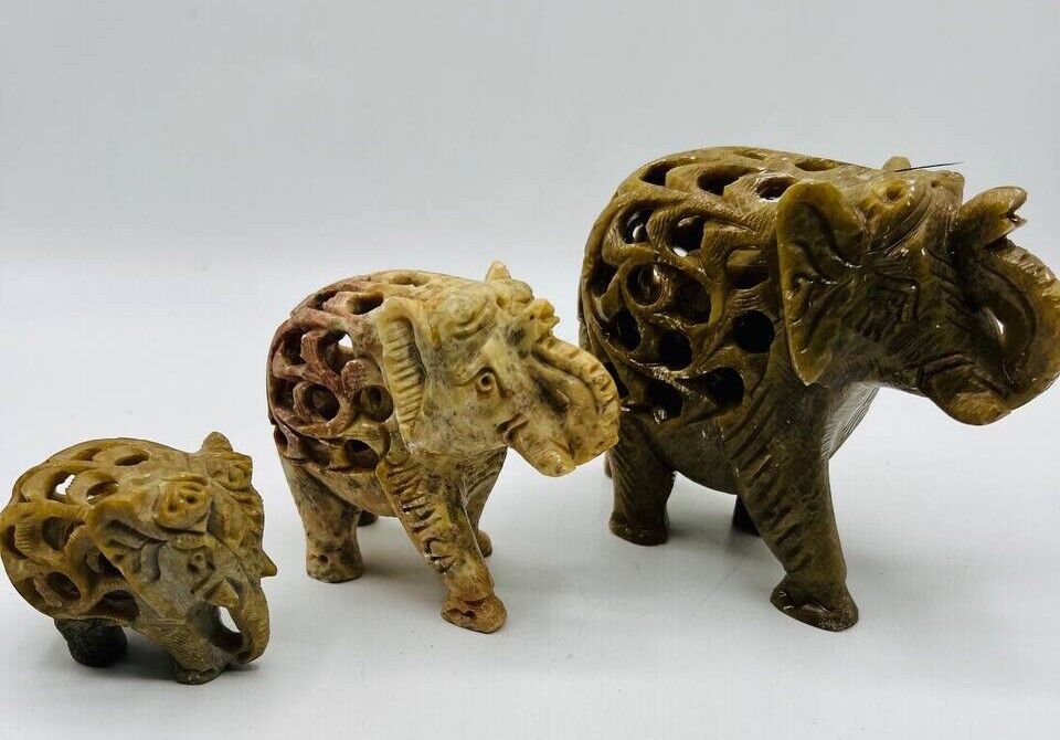 set of 3 Unique - Vintage Elephant Carving w/ Baby Inside 