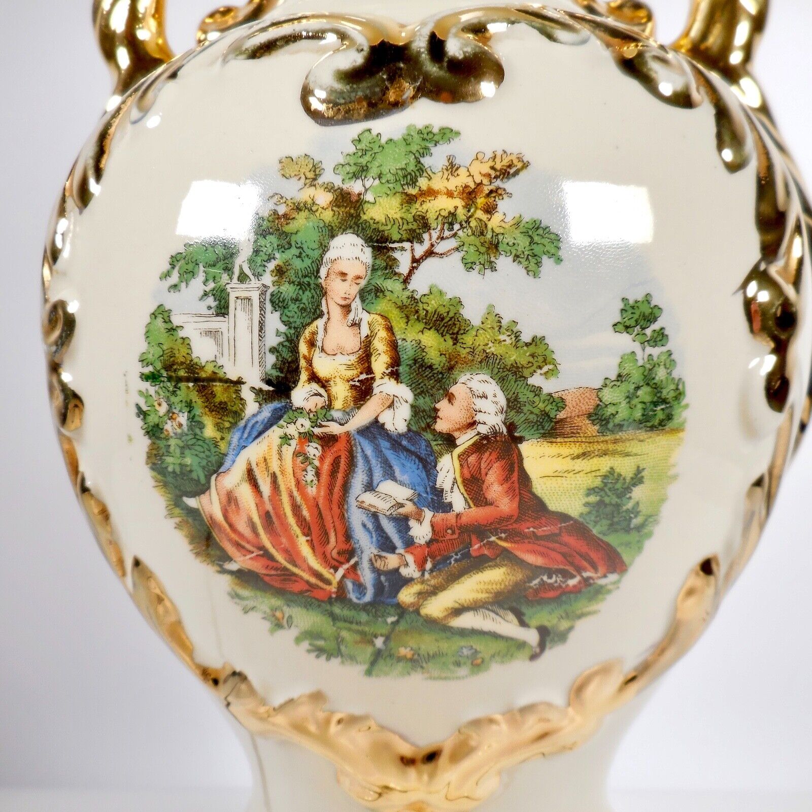 VTG Romantic Victorian Courtship Porcelain Table Lamp Gold Gilded Steampunk MCM