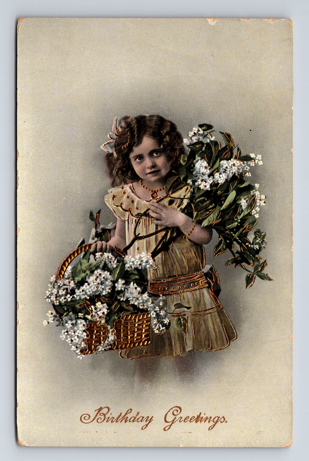 c1912 Embossed Portrait of Young Flower Girl Gold Adorned Redwood Postcard