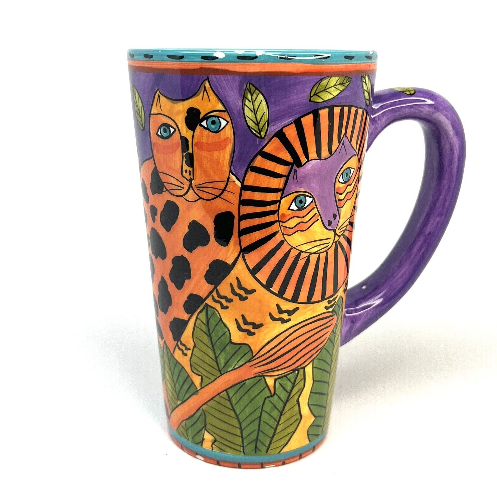 Vintage 90s Laurel Burch Design Studio Tall 6” Mug 1998 Lions Tigers Cat Coffee