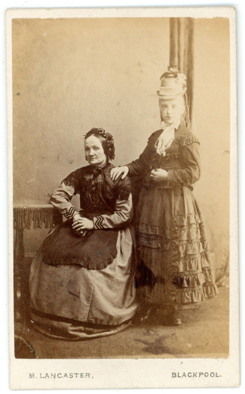 CIRCA 1880'S CDV Albino Daughter Standing By Elderly Mother Lancaster Blackpool