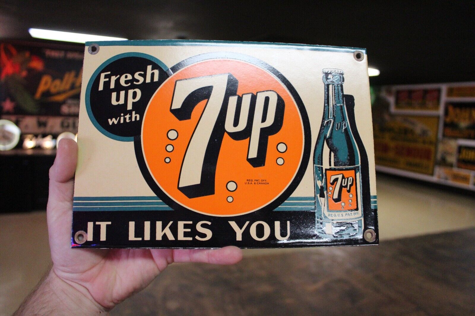 RARE 7UP BOTTLE WITH LADY FRESH UP  PORCELAIN METAL SIGN  SODA POP PEPSI CRUSH