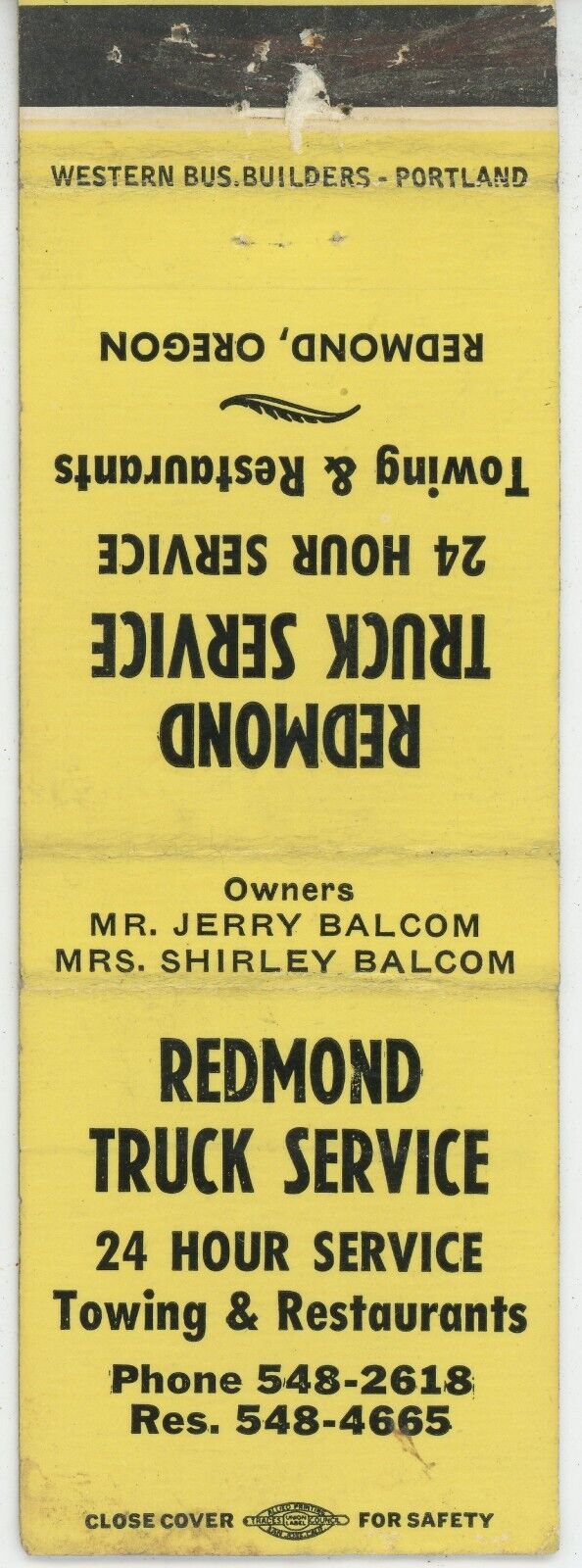 REDMOND TRUCK SERVICE  JERRY & SHIRLEY BALCOM Antq Matchbook Cover D-6