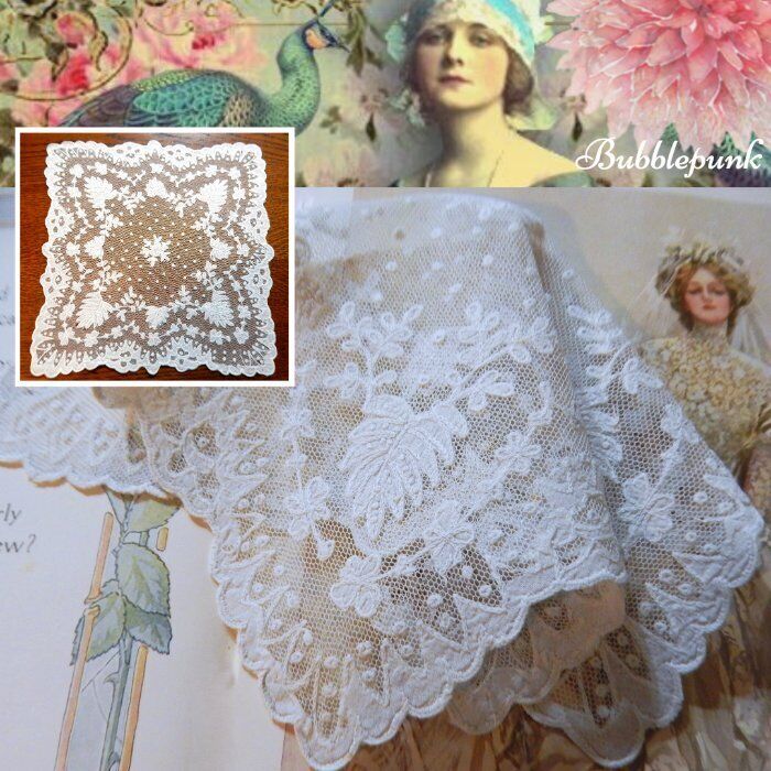 Antique ~ Vintage Embroidered Net Lace Handkerchief Bridal Wedding I