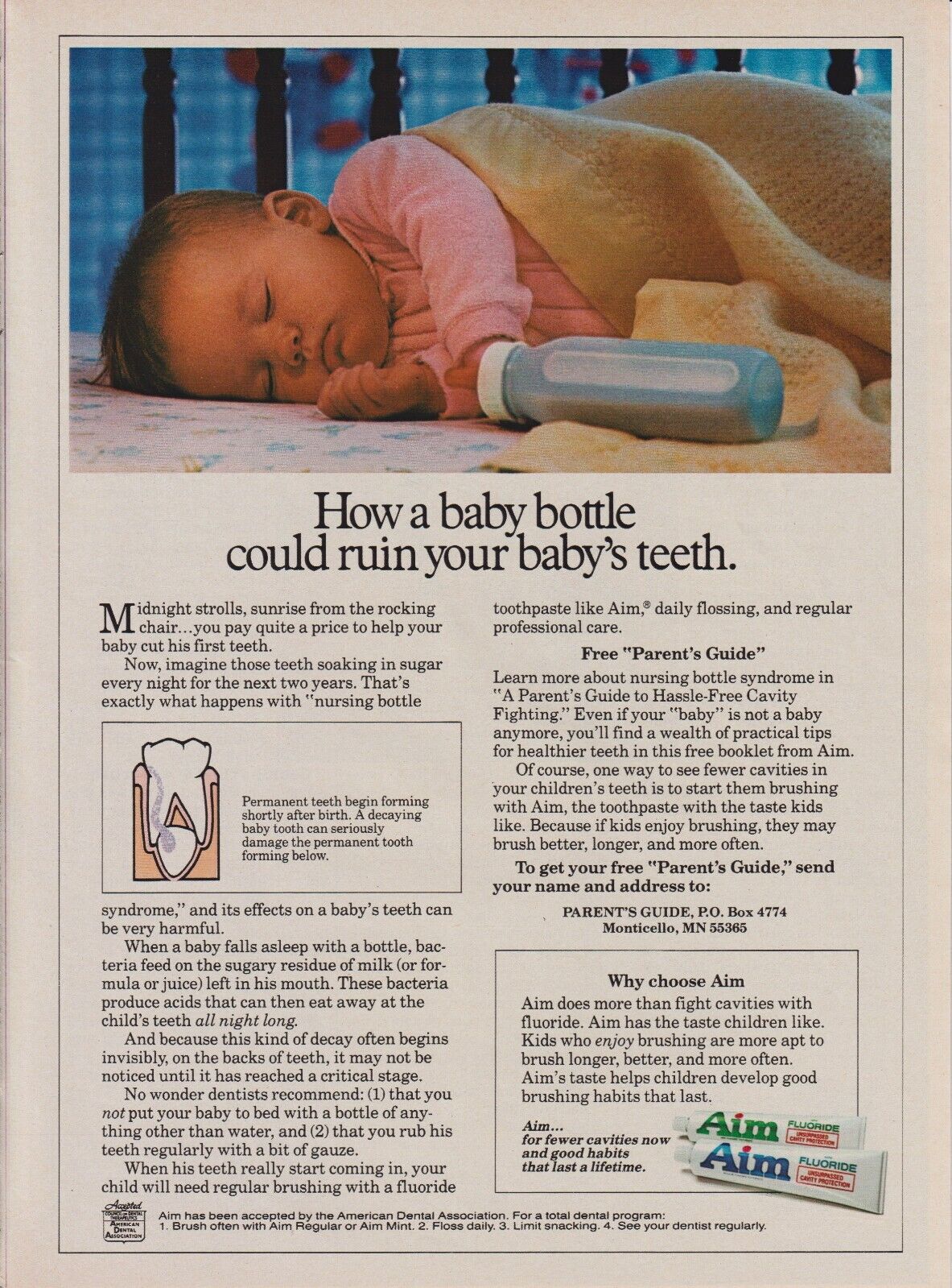 Aim Toothpaste Vintage 1985 Print Ad Page Baby Bottle Parent\'s Guide Offer