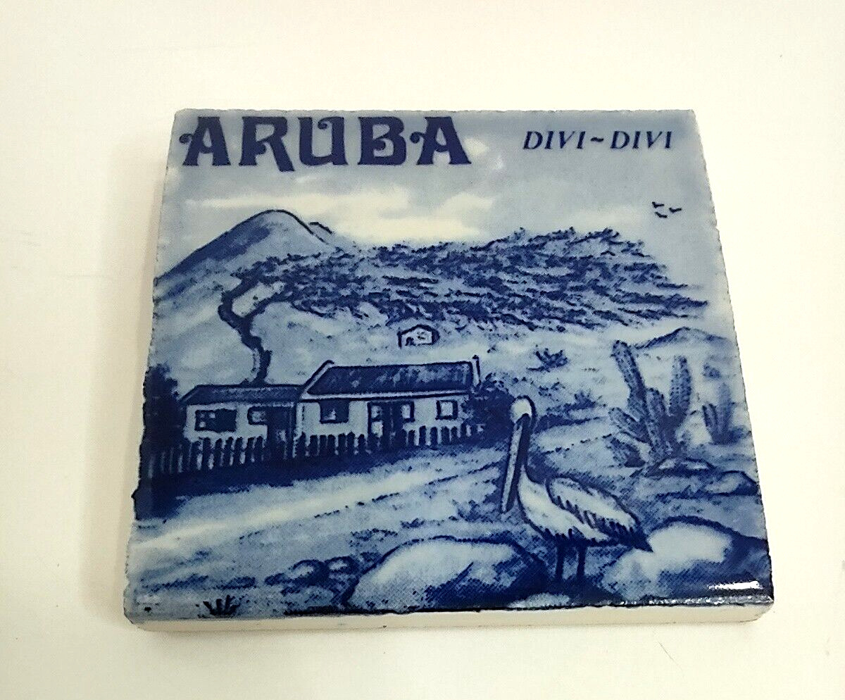 ARUBA Divi-Divi Delft Blue Magnet Hand Painted Ceramic Tile Holland Refrigerator