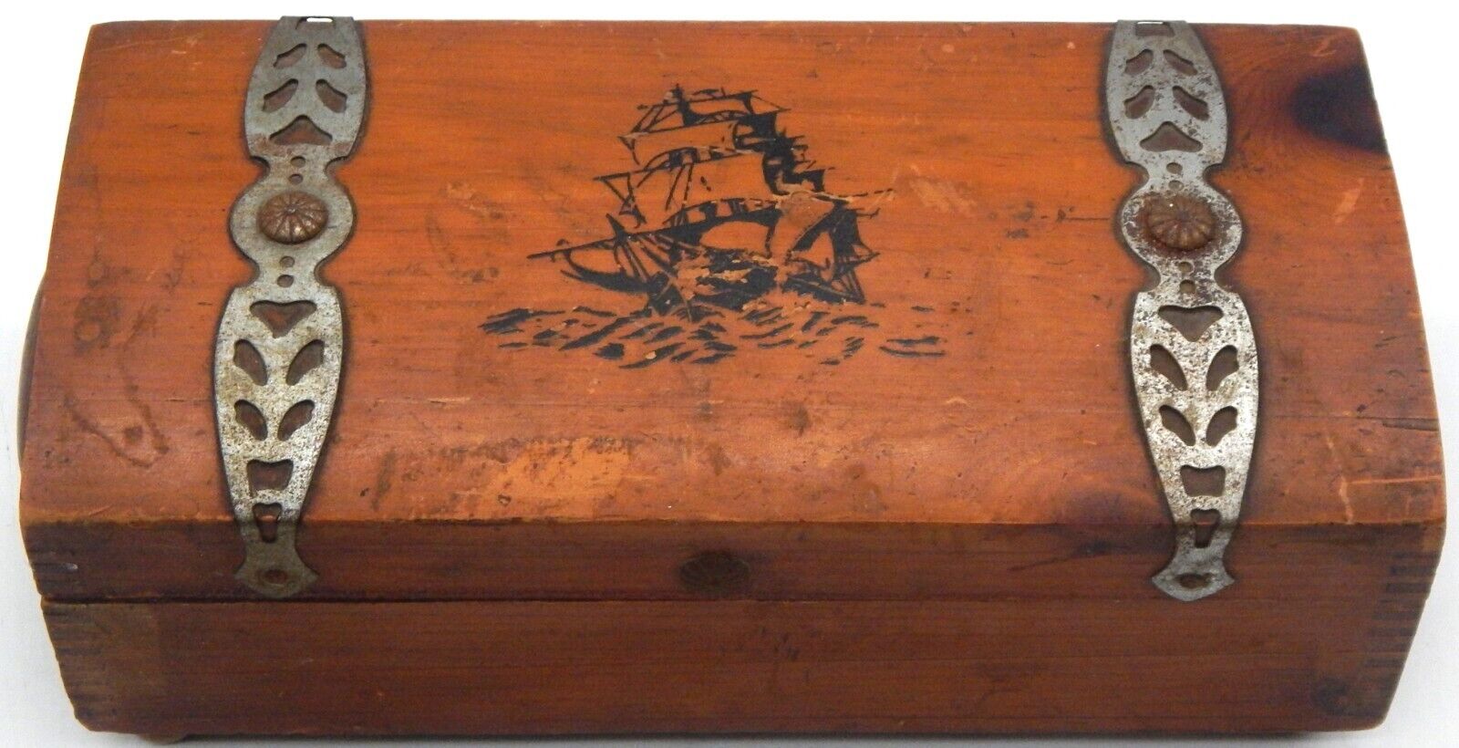 Vintage Nautical Wooden And Metal Distressed Treasure Chest With Handles & Feet