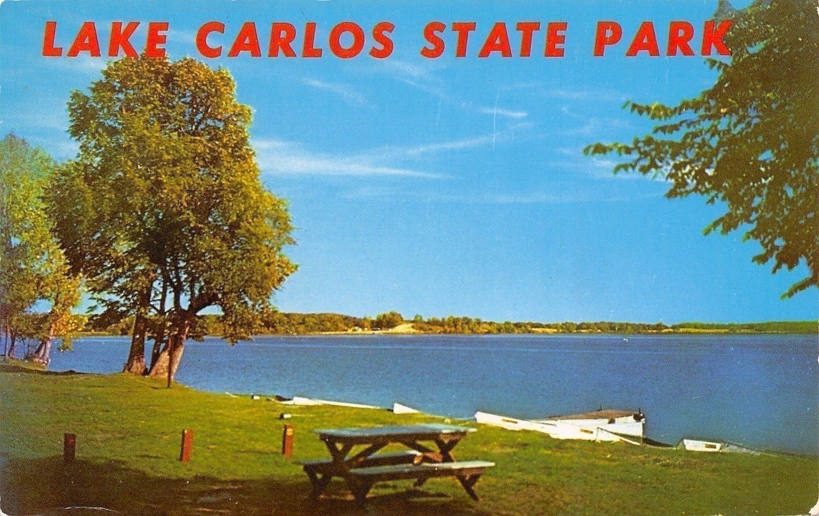 Lake Carlos State Park Minnesota~Lake View~Picnic Table~Boats~1961 Postcard