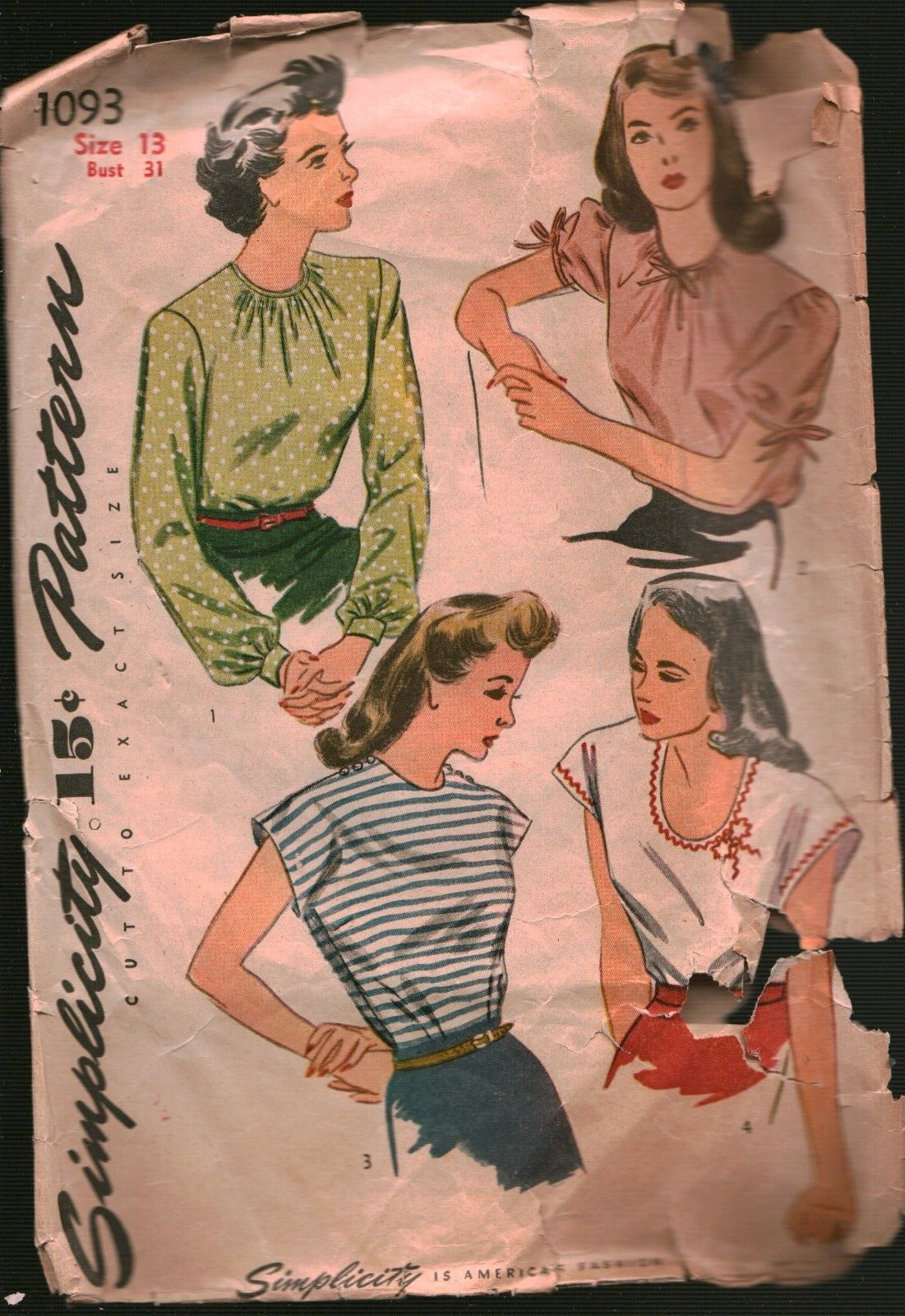 1093 Vintage Simplicity Sewing Pattern Juniors 1940s Casual Blouse Round Neck 13