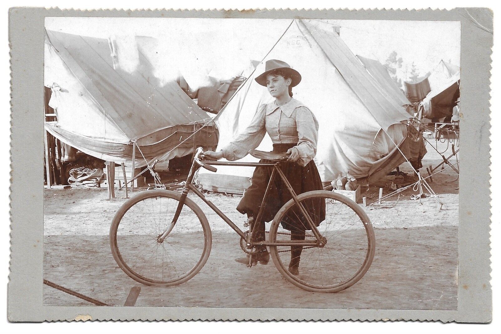 Woman and Bicycle Military Camp, Spanish American War, Antique Cabinet Card Phot