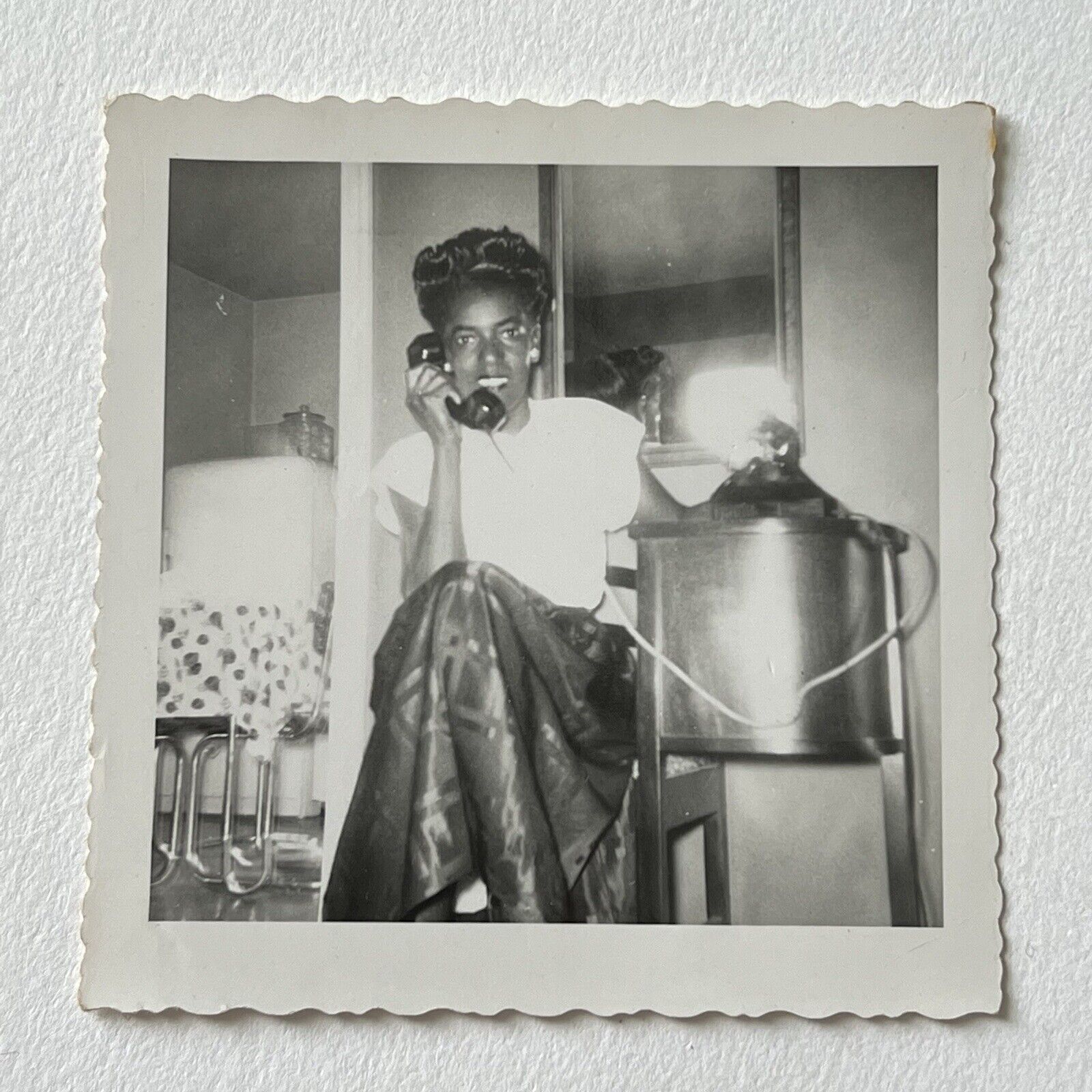 Vintage B&W Snapshot Photograph Beautiful Black African American Woman On Phone