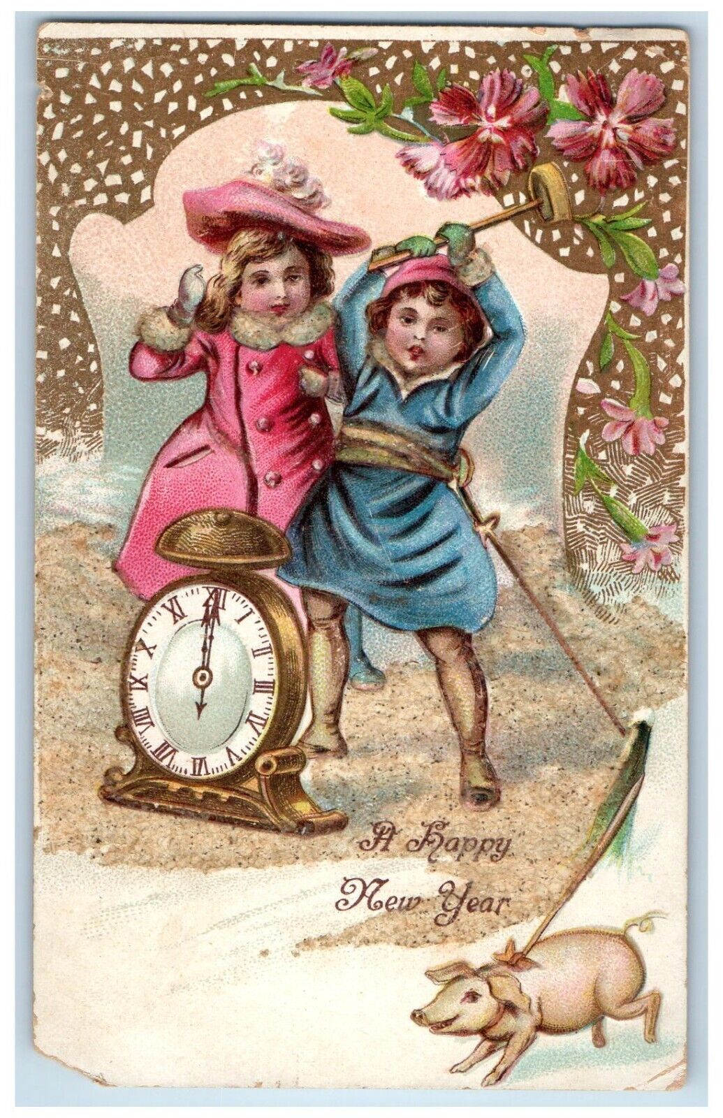 1906 Happy New Year Children Ringing Clock Pig Flowers Elsmere DE Postcard