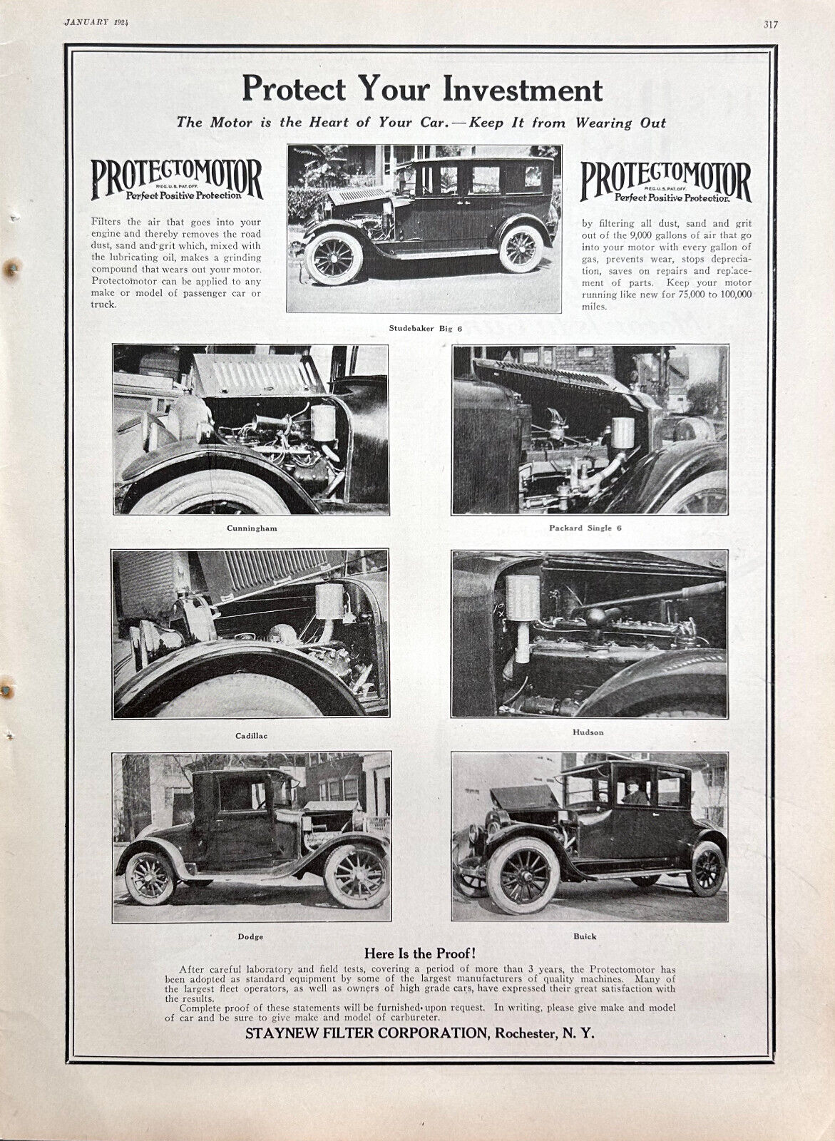 1924 Ad Staynew Filter Corp Rochester NY Protectomotor Air Filters