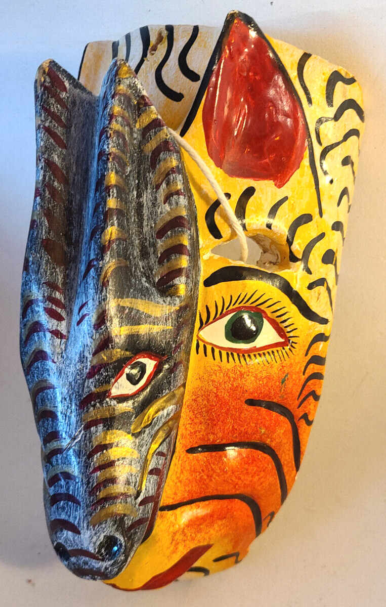 Rare Homemade Vintage Ocelot Tiger Donkey Mythical Wood Mask Mexican Folk Art