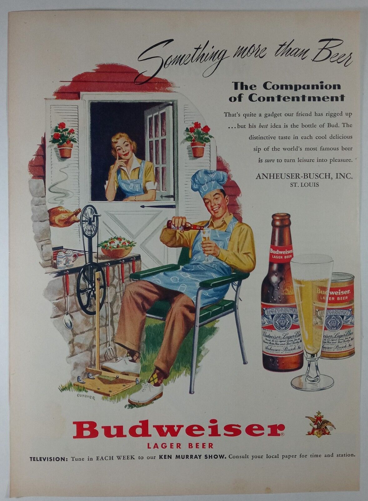 1950s BUDWEISER Window Married BBQ St Louis Tin Can Colorful Vtg Print Ad