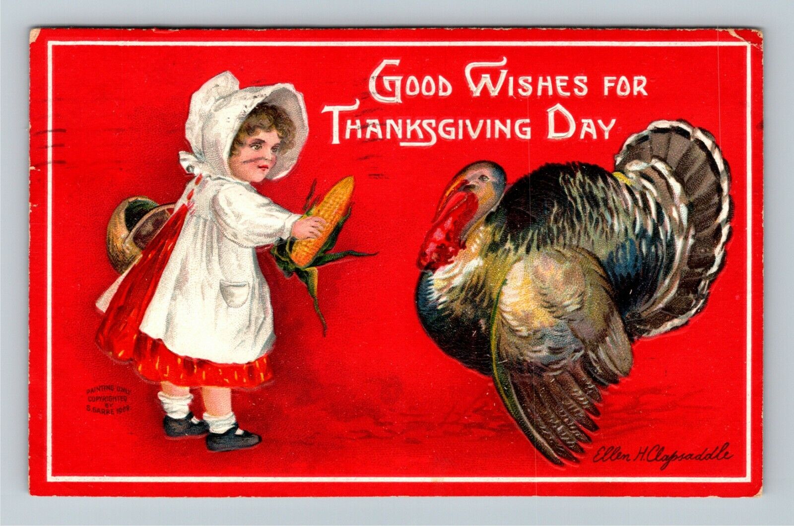 Thanksgiving Greeting-Clapsaddle Red Bonnet Girl Child Feeding Turkey Postcard