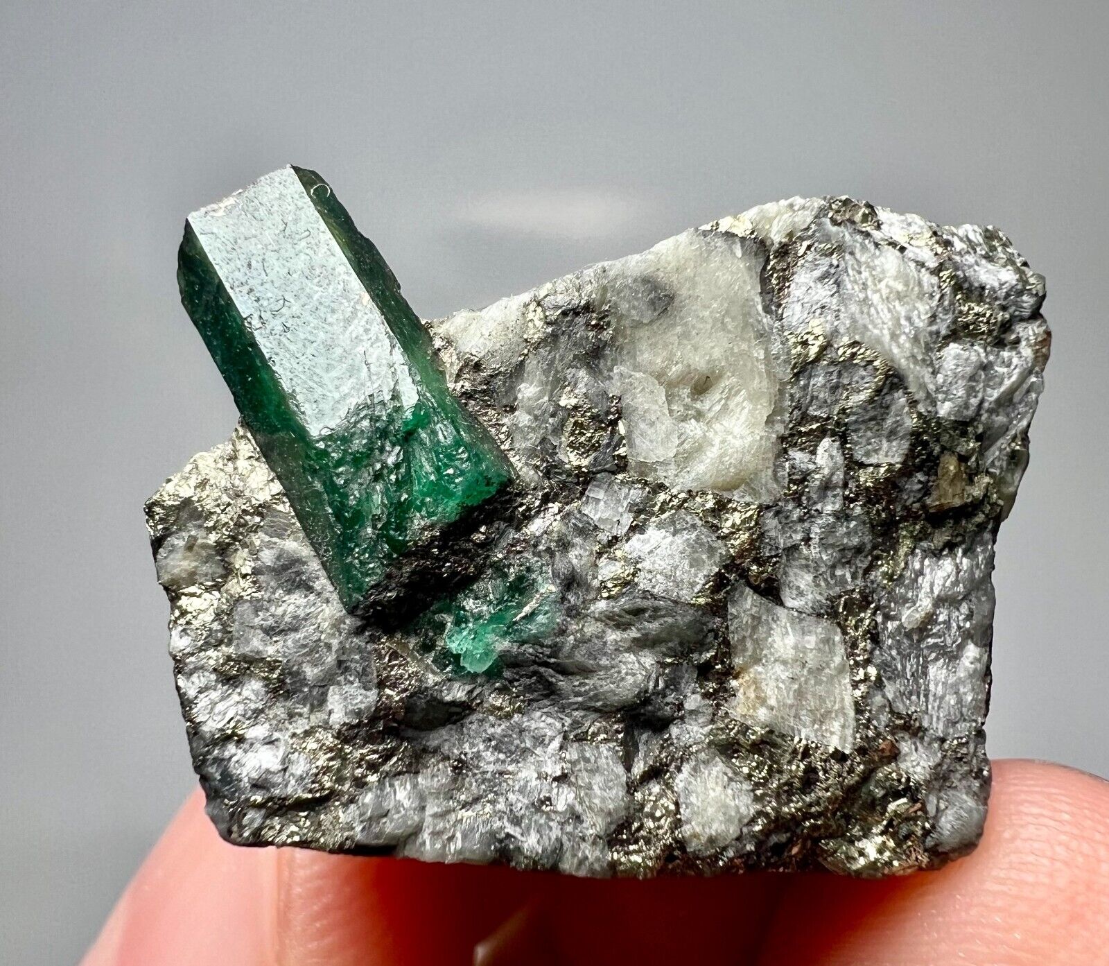 60 CT Well Terminated Top Green Panjsher Emerald Crystal With Pyrite On Matrix