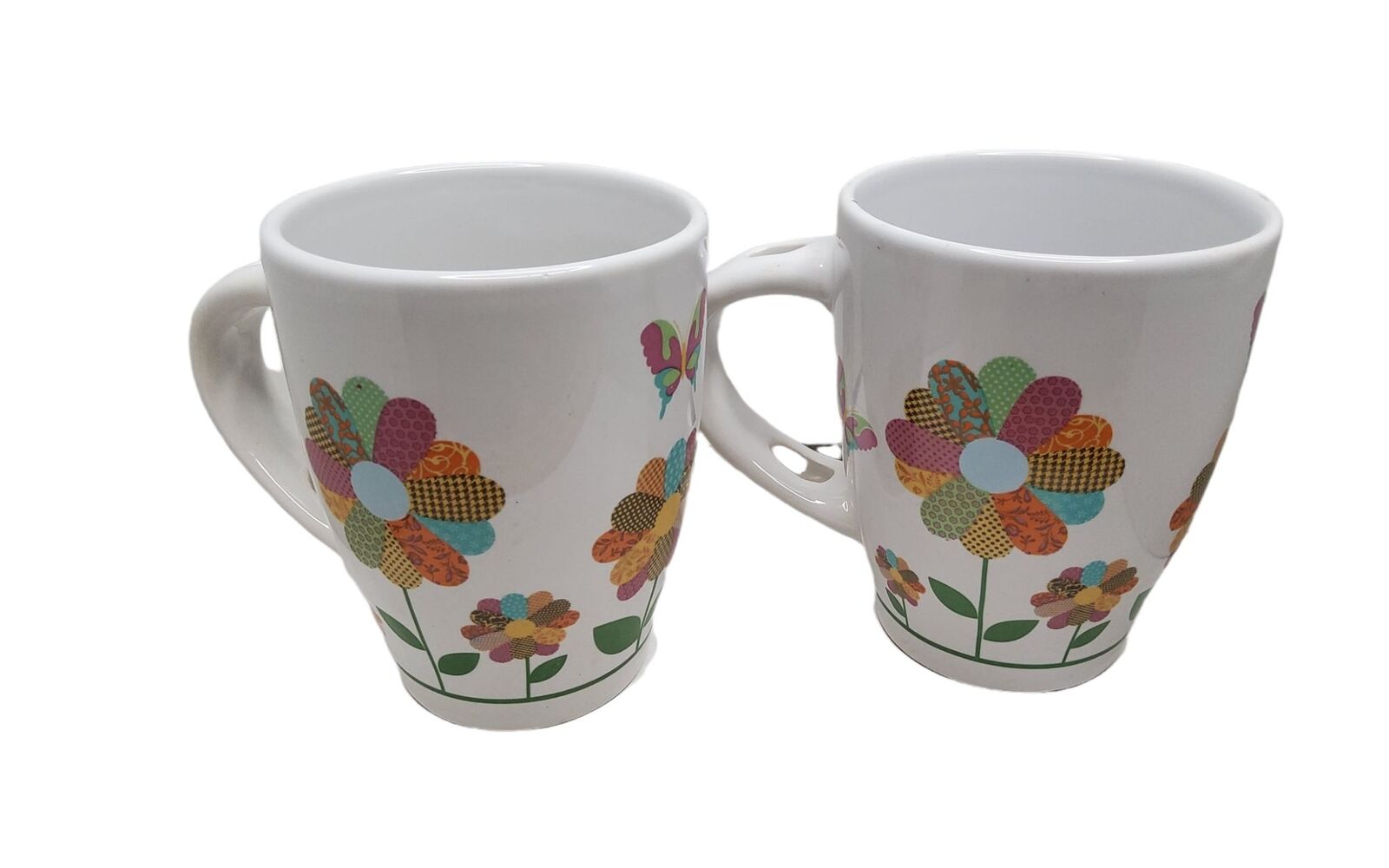 vintage trisa patchwork quilt flower design stoneware 10oz. coffee cups.