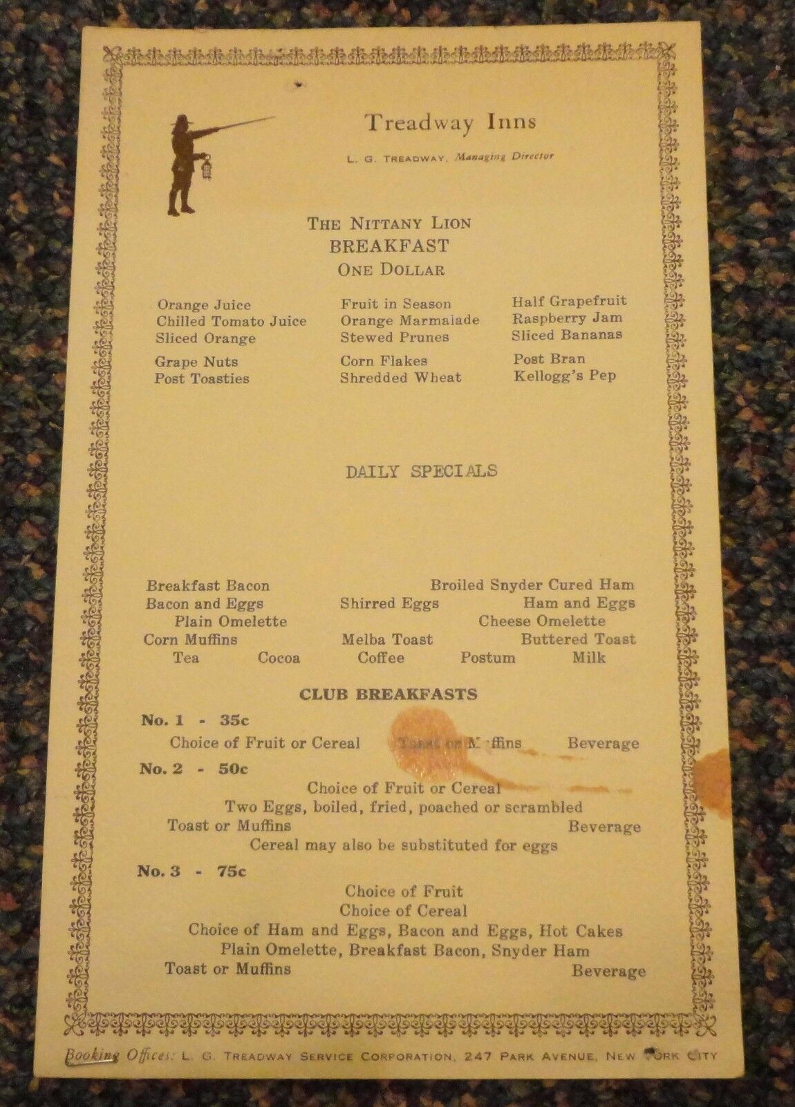 c1930s Treadway Inns restaurant menu - Nittany Lion Breakfast - Pennsylvania?