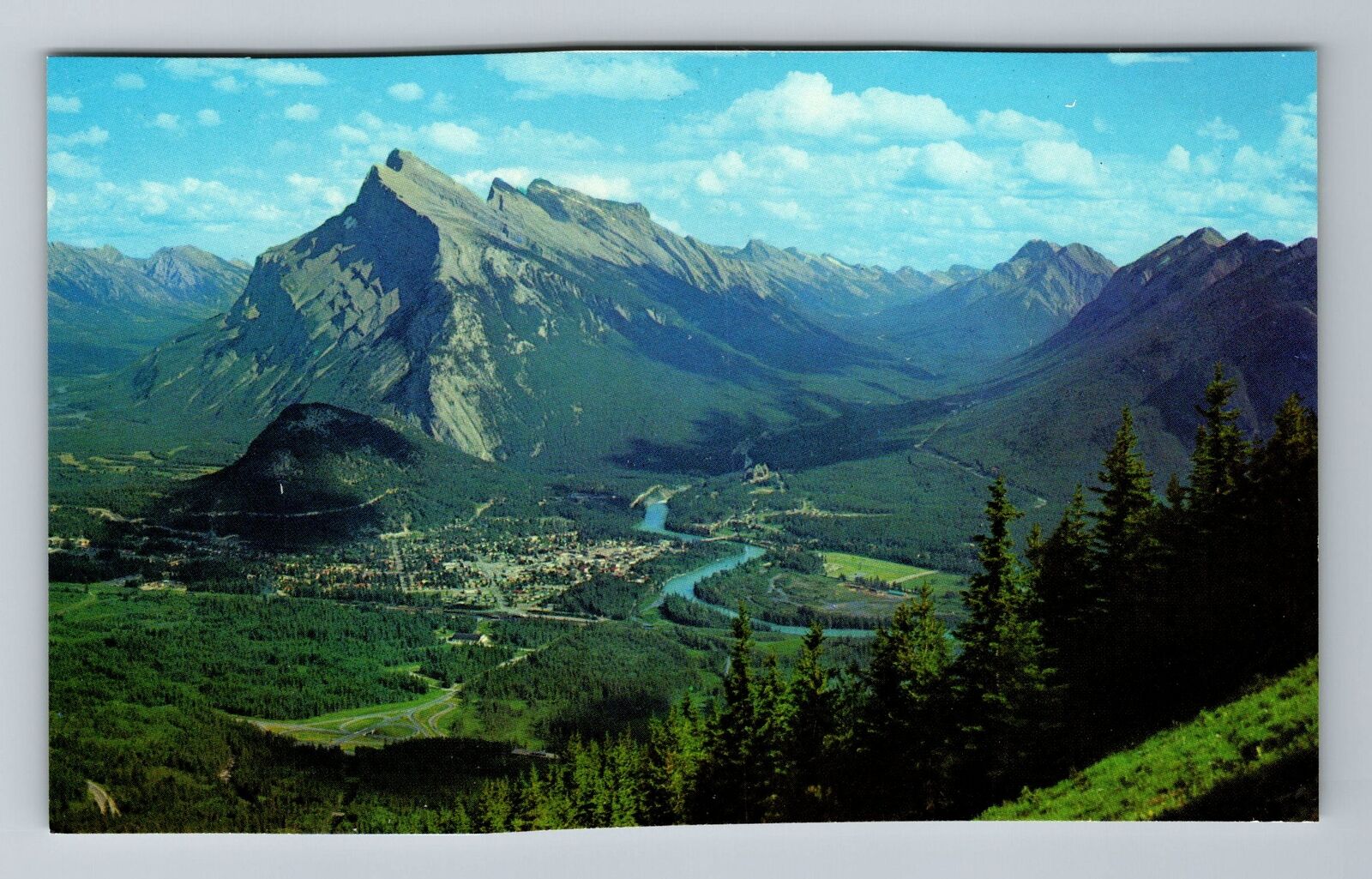 Banff-Alberta, Aerial Town of Banff, Mt Rundle, Vintage Postcard