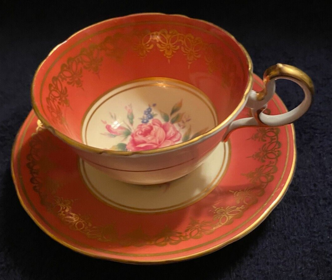 Vintage Aynsley Bone China Tea Cup & Saucer Orange Floral Made In England