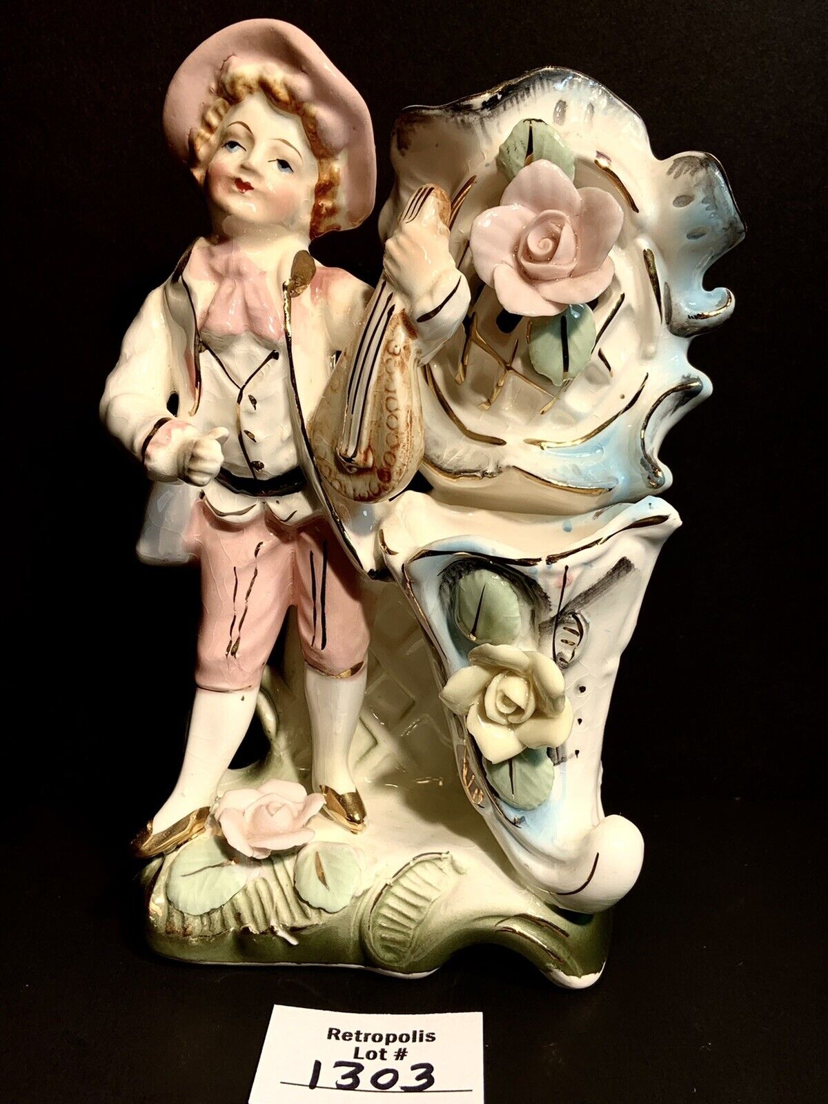 Vtg UCAGO Ceramic Porcelain Boy Musician with Lute Floral Figurine